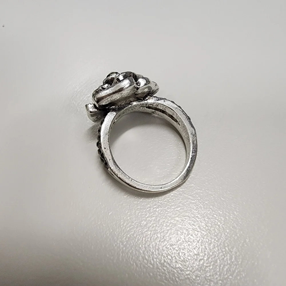 Sz 8 Gothic Black Rose Flower Ring Black Rhinestone Cocktail Statement Feminine